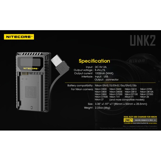 Nitecore UNK2 Compact USB Travel Charger for Nikon DSLR Camera Batteries (Dual Slot with LCD Display)