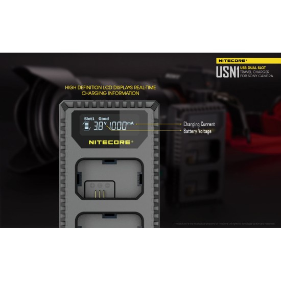 Nitecore USN1 Compact USB Travel Charger for Sony Camera Batteries (Dual Slot with LCD Display)