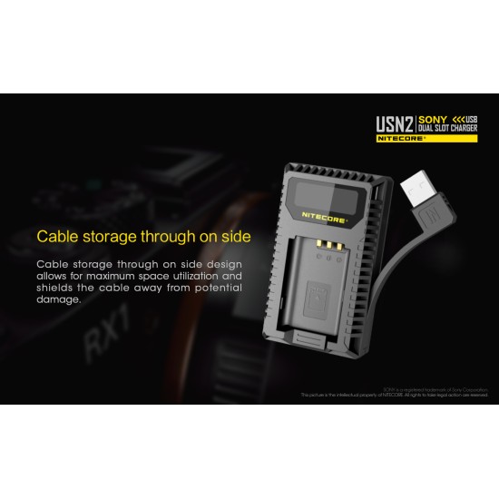 Nitecore USN2 Compact USB Travel Charger for Sony NP-BX1 Camera Batteries (Dual Slot with LCD Display)