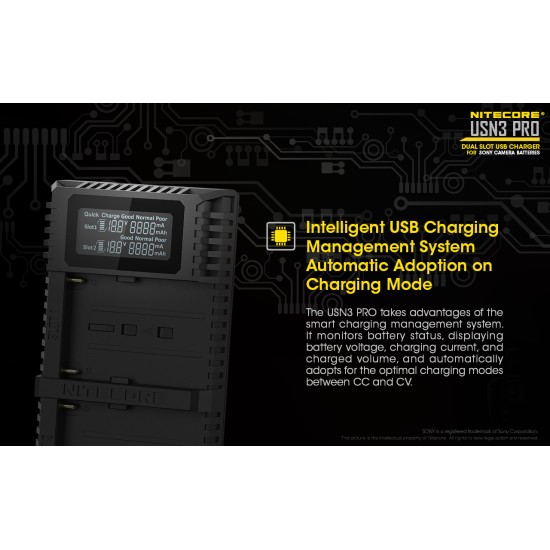 Nitecore USN3 Pro Compact USB Travel Charger for Sony Camera Batteries (Dual Slot with LCD Display)