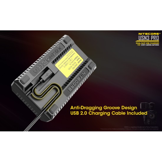 Nitecore USN3 Pro Compact USB Travel Charger for Sony Camera Batteries (Dual Slot with LCD Display)