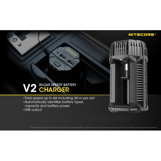 Nitecore V2 Smart Battery Charger for Car, 2-Bay Charger for Li-ion, IMR, Ni-MH Batteries