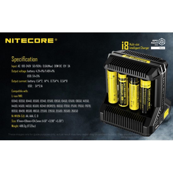 Nitecore Intellicharger i8, 8-Battery Smart Charger (for Li-ion, IMR, Ni-MH)
