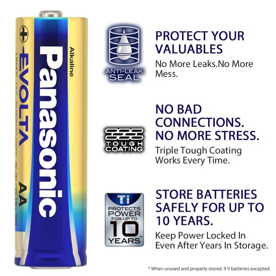 Panasonic Evolta Alkaline AA Batteries Original 1.5V, 2-Pack (LR6EGDG/2B), 10 Year Shelf Life