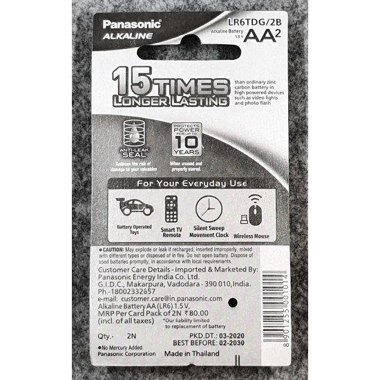 Panasonic Alkaline AA Batteries Original 1.5V, 20-Pack (LR6TDG/2B), 10 Year Shelf Life