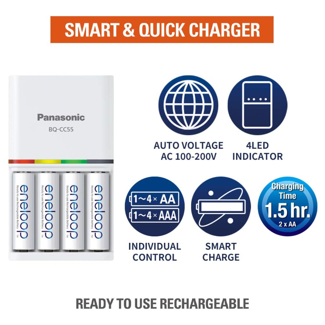 Panasonic Eneloop Bq Cc55 4 Battery Aa Charger For Ni Mh Aa Aaa