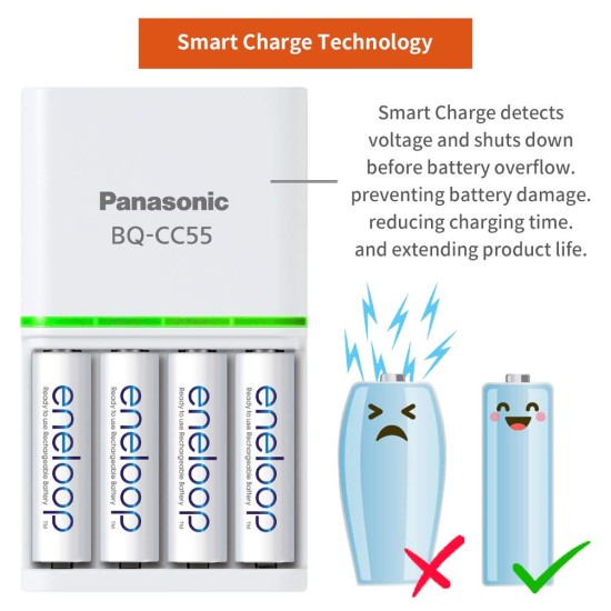 Panasonic Eneloop 4-Battery Fast Charger (BQ-CC55N, 1.5 Hours) for AA, AAA Batteries (NEW STOCK)