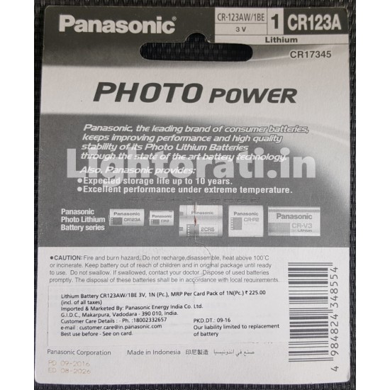 Panasonic CR123A 3v Lithium Non-Rechargeable Battery - CR123A battery in  India - Lightorati