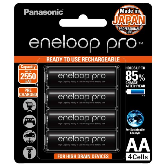 Panasonic Eneloop Pro AA 2550mAh *Original* Rechargeable Ni-MH Batteries (4-Pack), Made in Japan