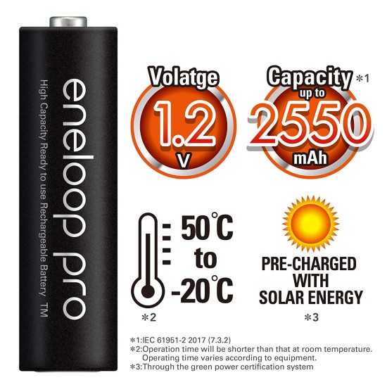 Panasonic eneloop pro AA High Capacity Ni-MH 2550mAh (Min. 2450mAh)  Pre-Charged Rechargeable Batteries 8 Pack + Free Battery Holder