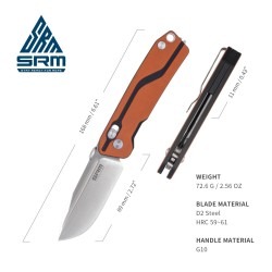 SRM Folding Knife 7228-GJ Orange/Silver - [6.61 inch, G10 Handle, Ambi Lock, Fine Edge, Medium Size]