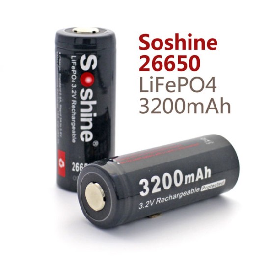 Soshine 26650 LiFePO4 3.2V 3200mAh Protected Batteries (Pair)