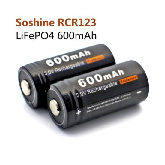 Soshine RCR123 / 16340 LiFePO4 3.2V 600mAh Protected Batteries (Pair)