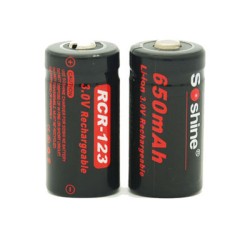 Soshine RCR123 16340 650mAh 3.0V Li-ion Un-protected Batteries (Pair)