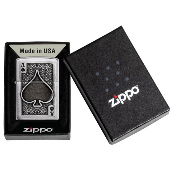 Zippo Ace Of Spades Emblem Classic Brushed Chrome Windproof Pocket Lighter, 49637