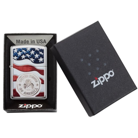 Zippo American Stamp On Flag, Classic High Polish Chrome Windproof Pocket Lighter, 29395