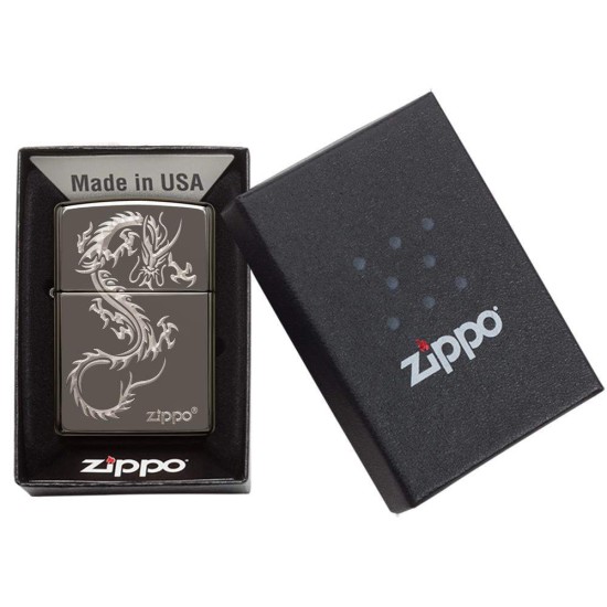 Zippo Chinese Dragon Design Classic Black Ice Windproof Pocket Lighter, 49030