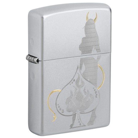 Zippo Devilish Ace Design, Classic Satin Chrome Windproof Pocket Lighter, 48658