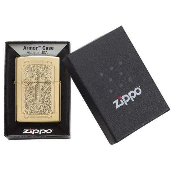 Zippo Eccentric Armor High Polish Brass Windproof Pocket Lighter, 29436