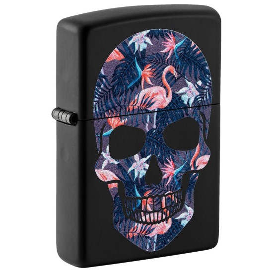 Zippo Flamingo Skull Design Classic Black Matte Windproof Pocket Lighter, 49771