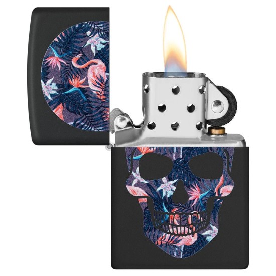 Zippo Flamingo Skull Design Classic Black Matte Windproof Pocket Lighter, 49771
