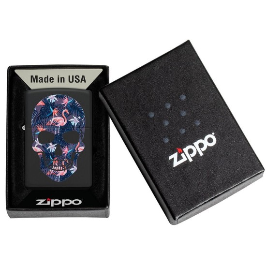 Zippo Flamingo Skull Design Classic Black Matte Windproof Pocket Lighter, 49771