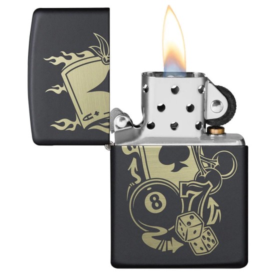 Zippo Gambling Design Classic Black Matte Windproof Pocket Lighter, 49257