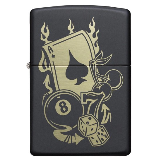 Zippo Gambling Design Classic Black Matte Windproof Pocket Lighter, 49257