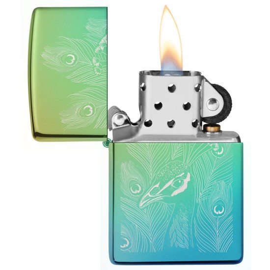 Zippo Peacock Design Classic High Polish Teal Windproof Pocket Lighter, 49191