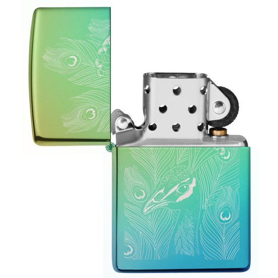 Zippo Peacock Design Classic High Polish Teal Windproof Pocket Lighter, 49191