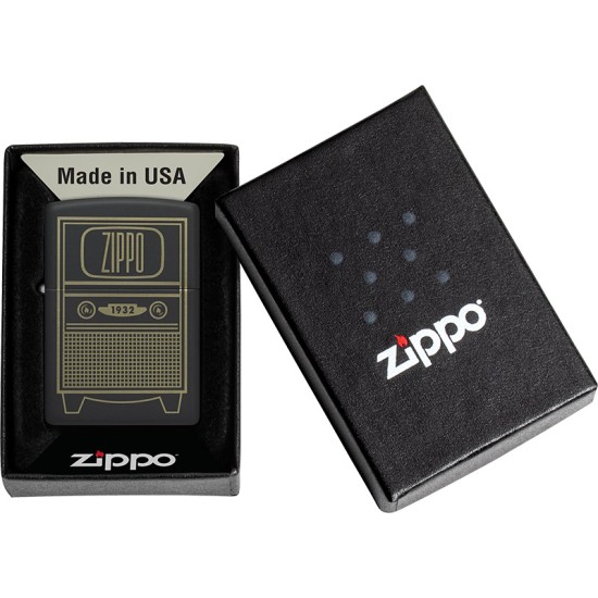 Zippo Vintage TV Design, Black Matte Finish, Windproof Pocket Lighter, 48619