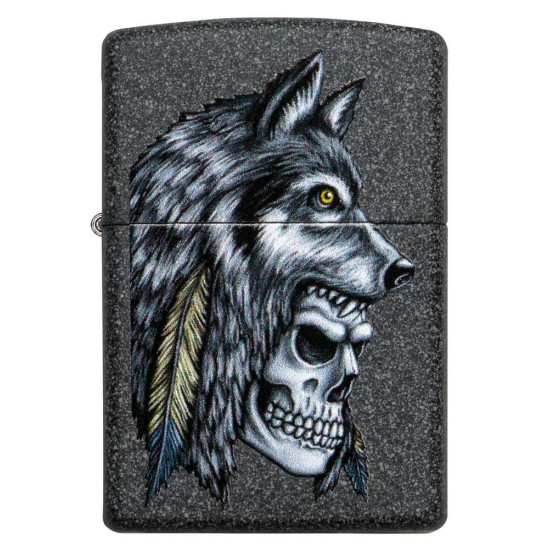 Zippo Wolf Skull Feather Design Classic Iron Stone Windproof Pocket Lighter, 29863